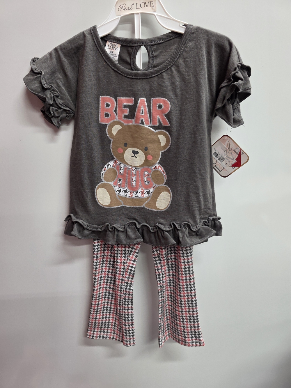 Bear Graphic Ruffle Pajama Set - Gray & Pink